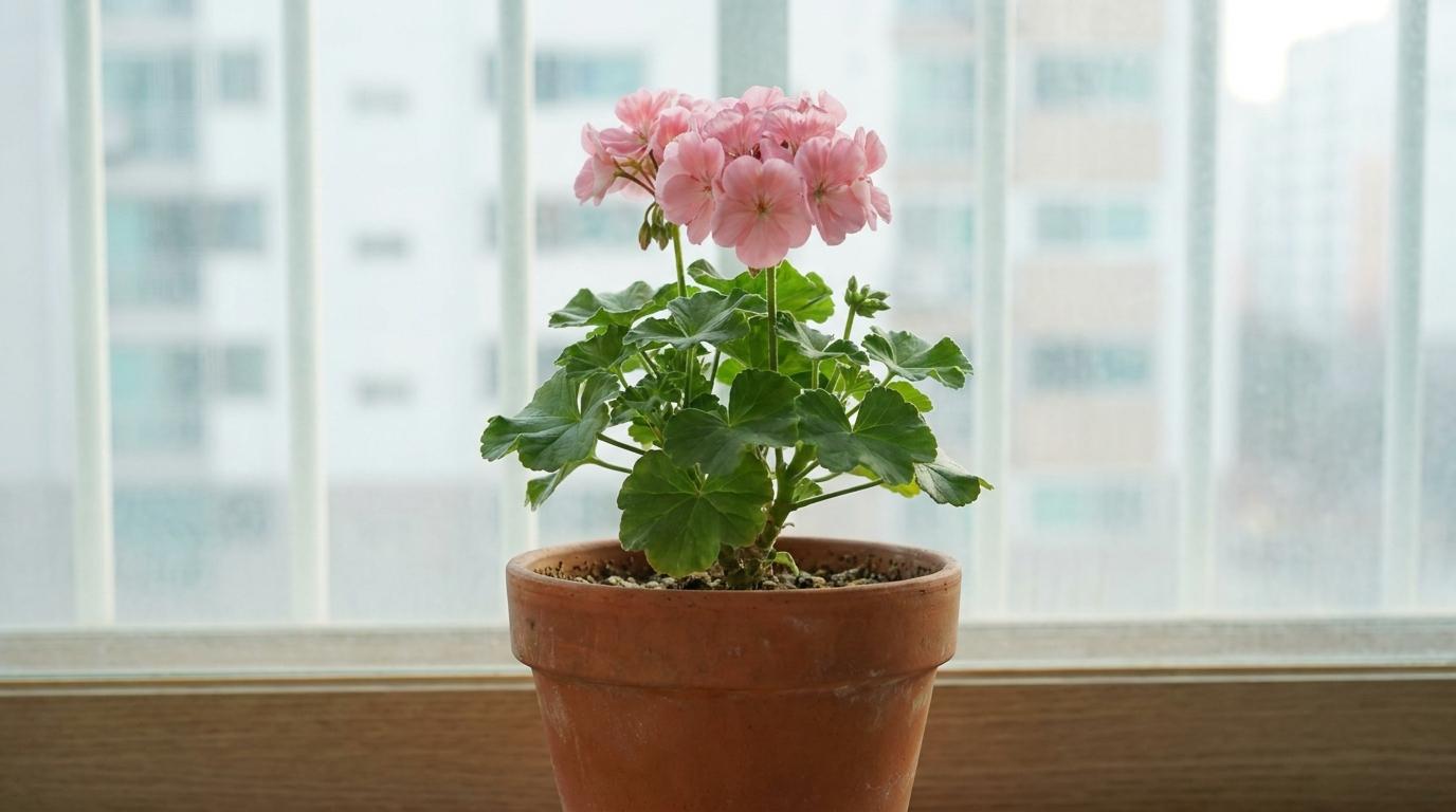 밝은 아파트 창가에 놓인 꽃 핀 펠라고니움과 흙이 보이는 화분