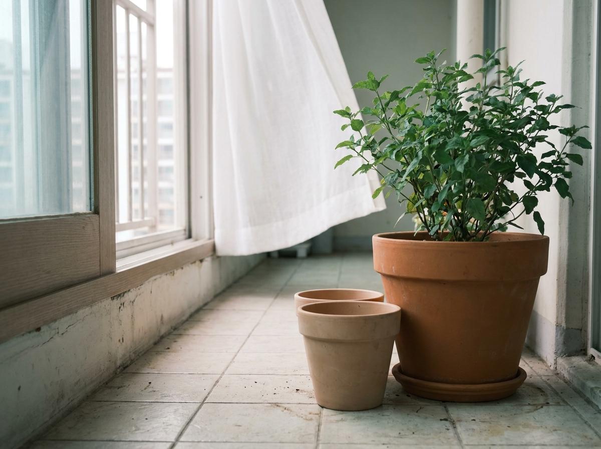 베란다의 식물과 빈 화분을 놓고 주변 공간을 살피는 장면