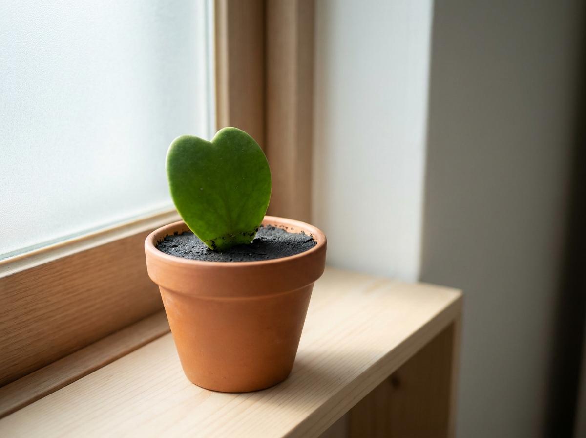 작은 화분에서 잎 한 장이 올라온 하트호야의 지상부