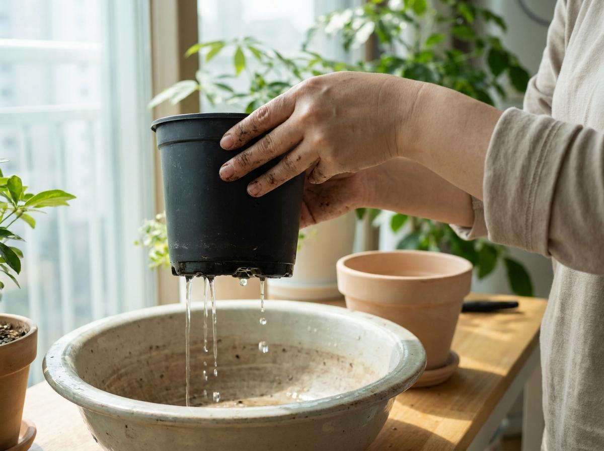 장식 화분에서 꺼낸 속화분의 배수구로 물이 빠지는 모습