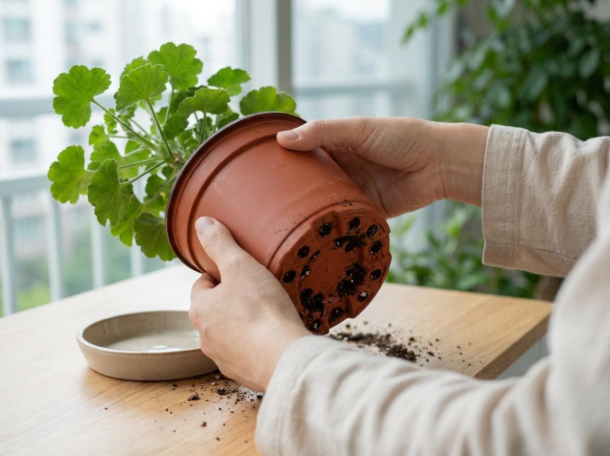 화분을 살짝 기울여 제라늄 화분 바닥의 배수구를 확인하는 모습
