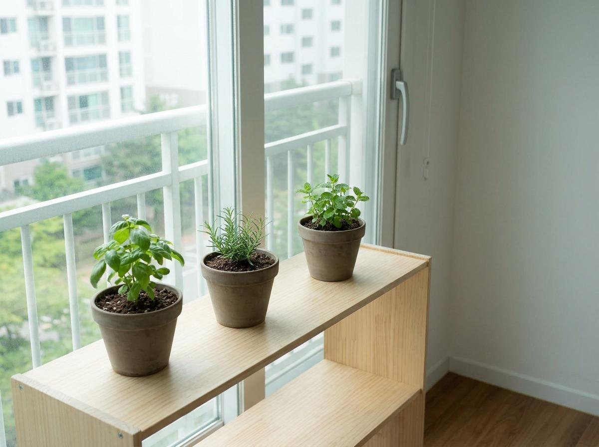 흙 표면을 살필 수 있도록 간격을 두고 놓은 베란다 화분선반